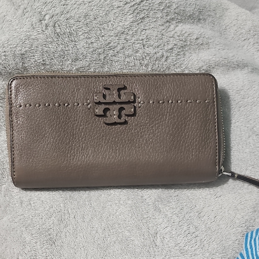 Tory Burch Taupe Leather Zip Wallet